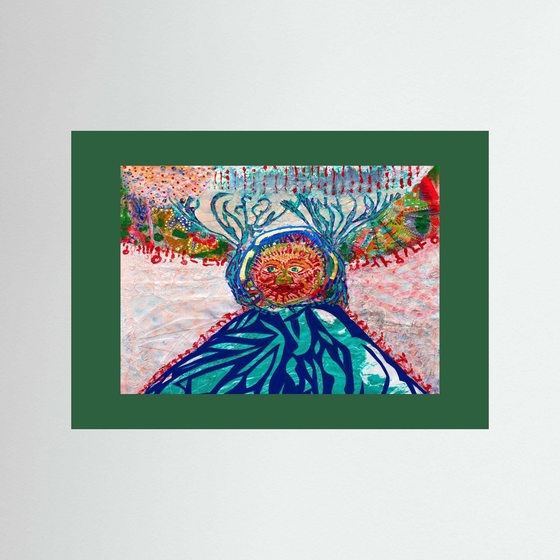 Cave Child mixed media winter hunt artwork with embroidery on handmade Japanese paper in Italian wooden frame