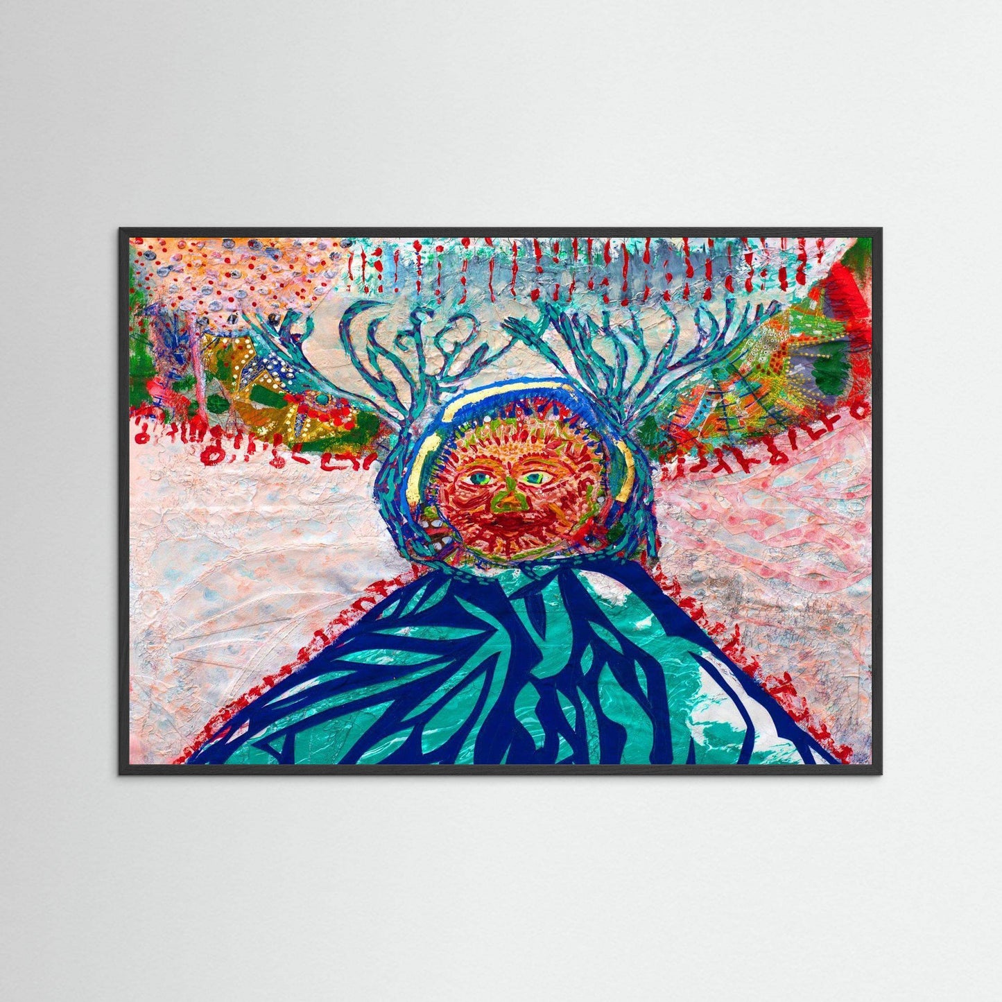 Cave Child mixed media winter spirit artwork with embroidery on handmade Japanese paper in Italian wood frame