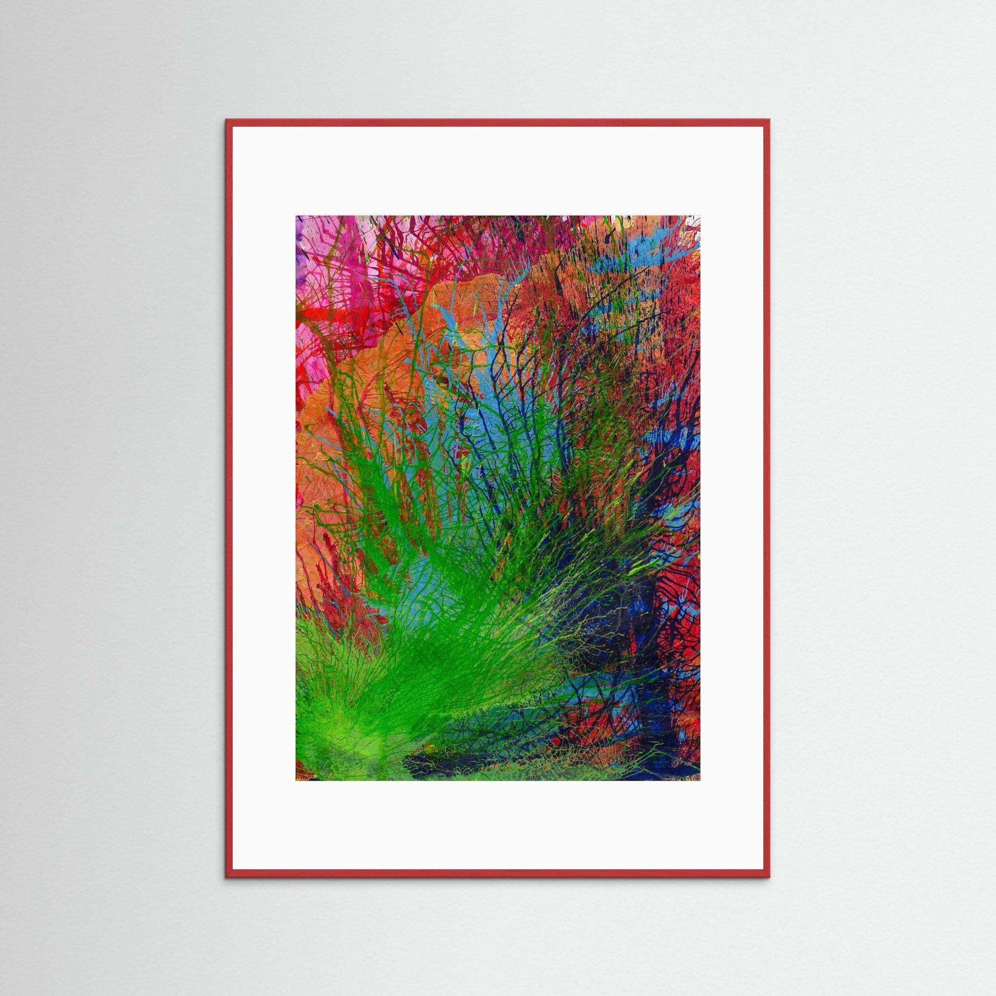 Earth Singing Joy vibrant abstract artwork with colorful branches, museum quality paper, and handmade Italian wood frame