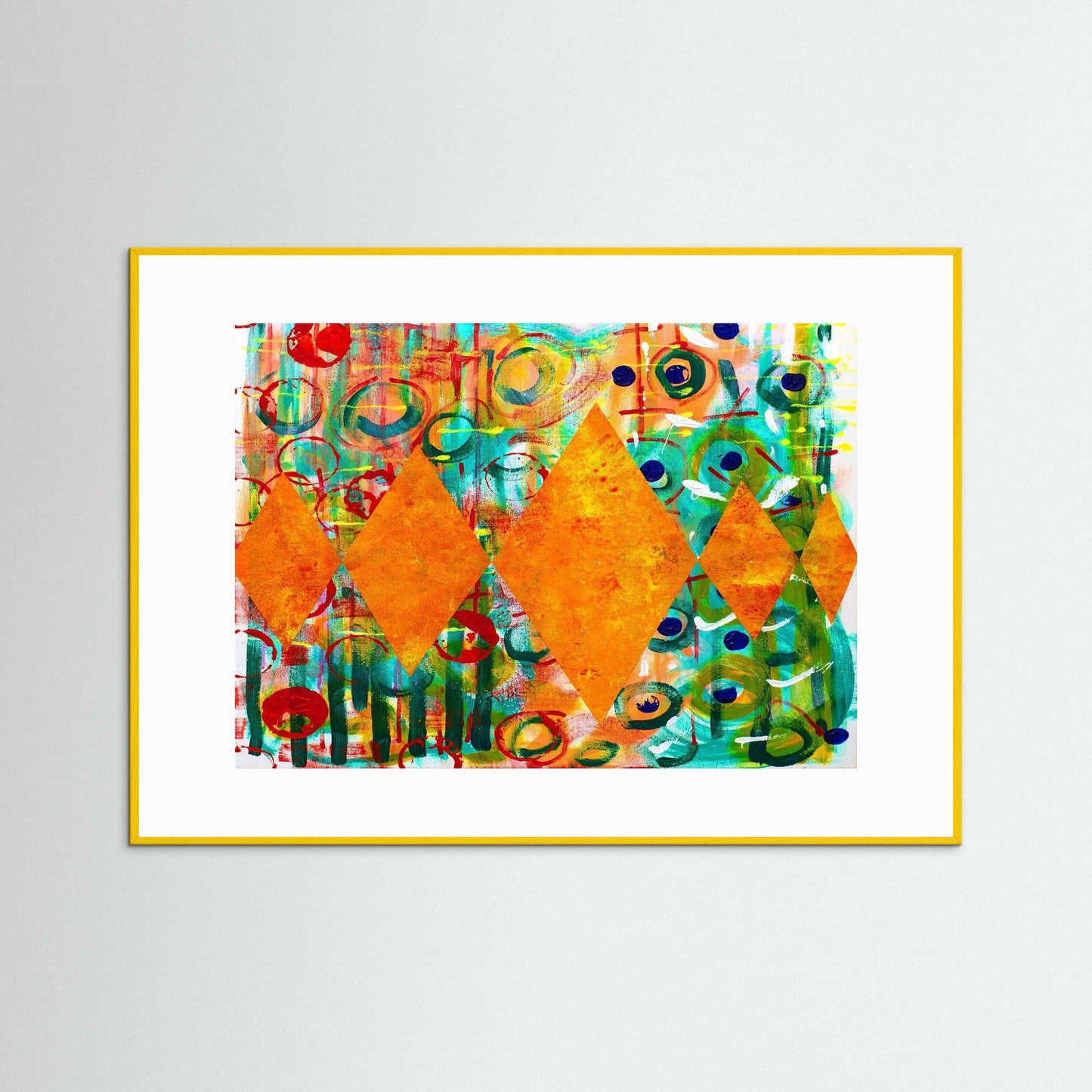 Diamond Radiance artwork with vibrant orange diamonds and colorful circular patterns framed in yellow wooden frame