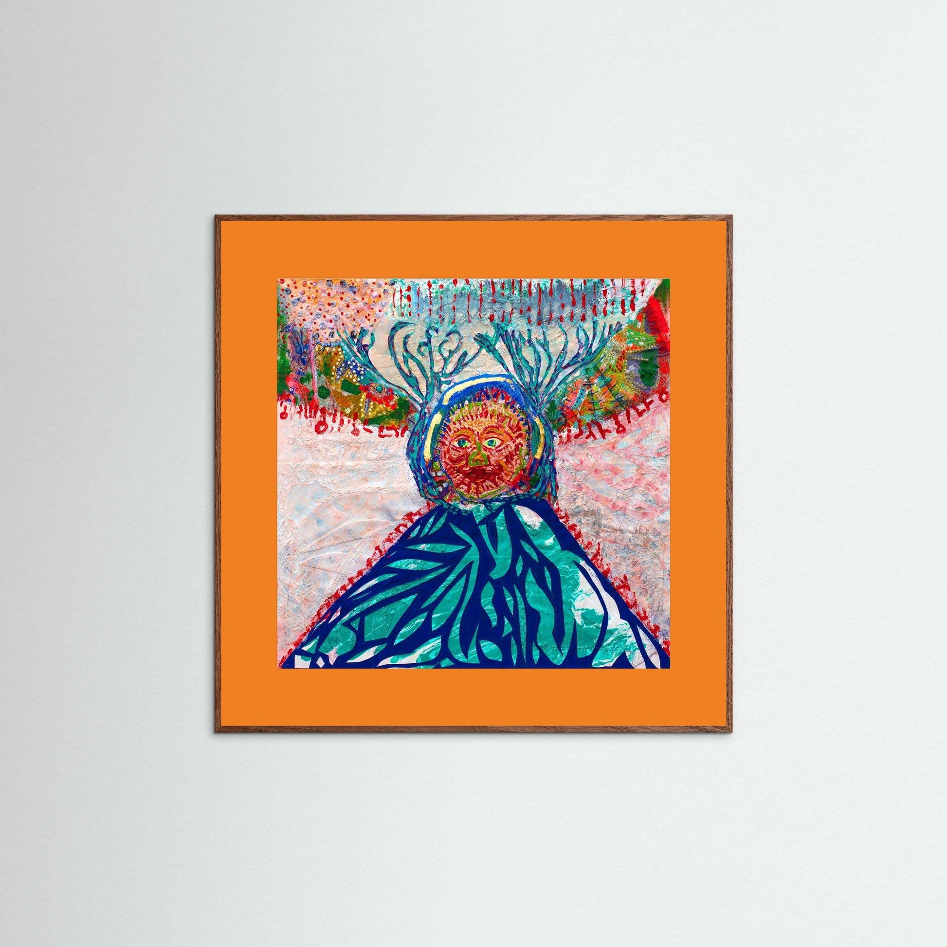 Cave Child: The Winter Hunt mixed media artwork with embroidery, Japanese paper, acrylics, framed in handmade Italian wooden frame on museum quality paper