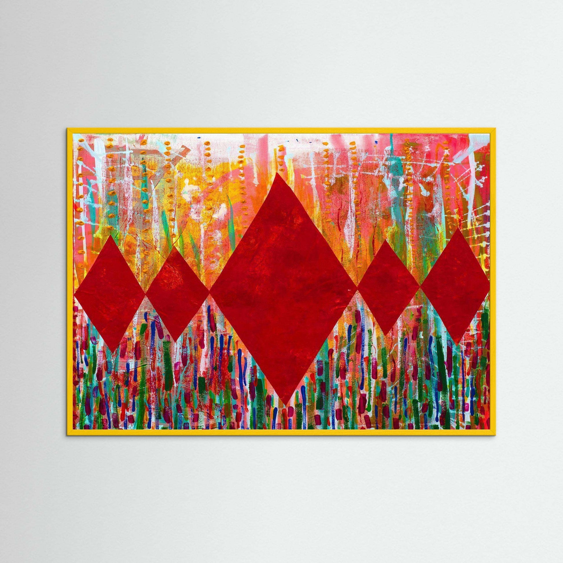 Diamond Radiance Red vibrant abstract artwork with red diamonds and colorful floral background in Italian wooden frame