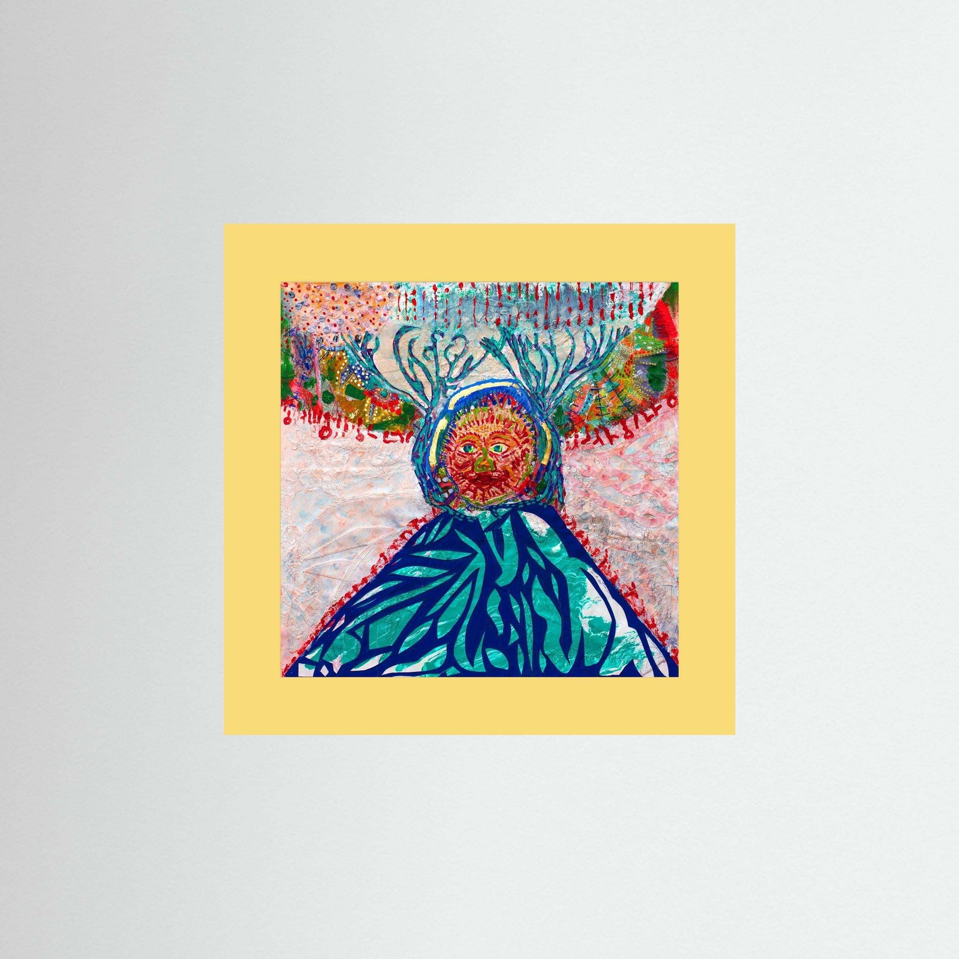 Cave Child: The Winter Hunt mixed media artwork with embroidery and Japanese paper on museum quality paper in wooden Italian frame