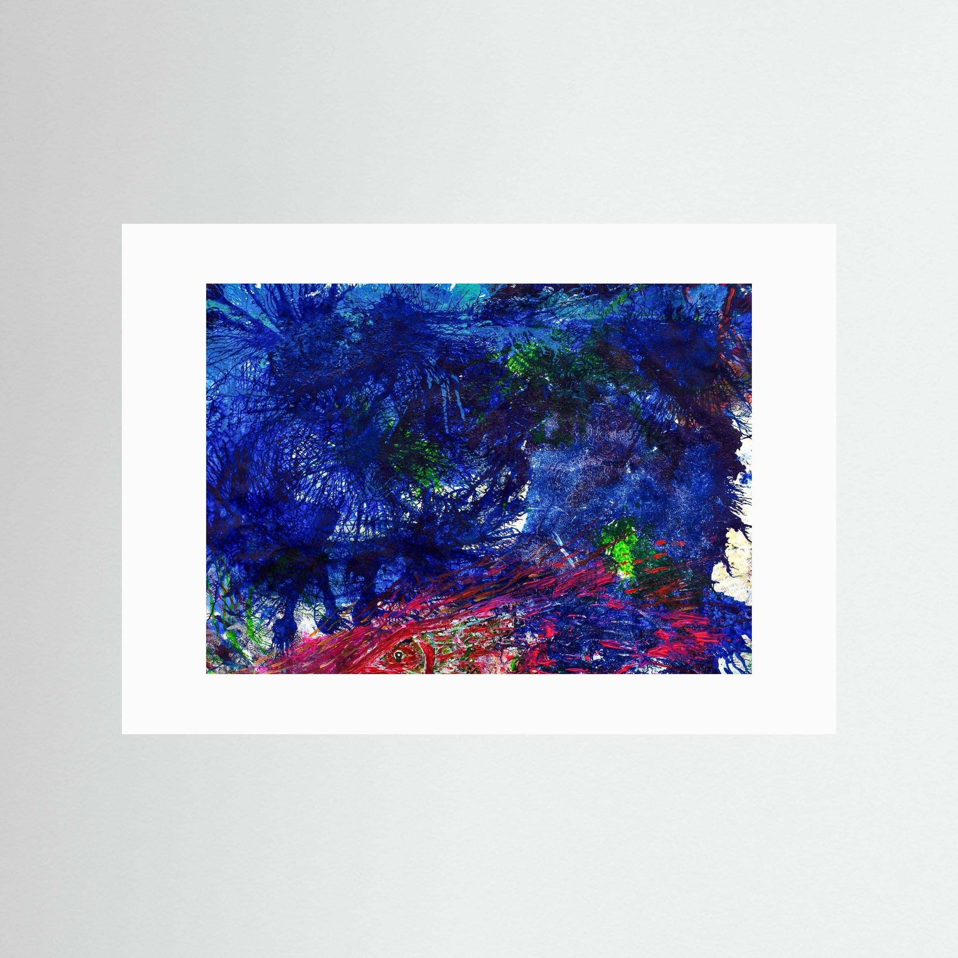 Abstract art print with crimson energy and deep ocean blues framed in handmade Italian wood frame