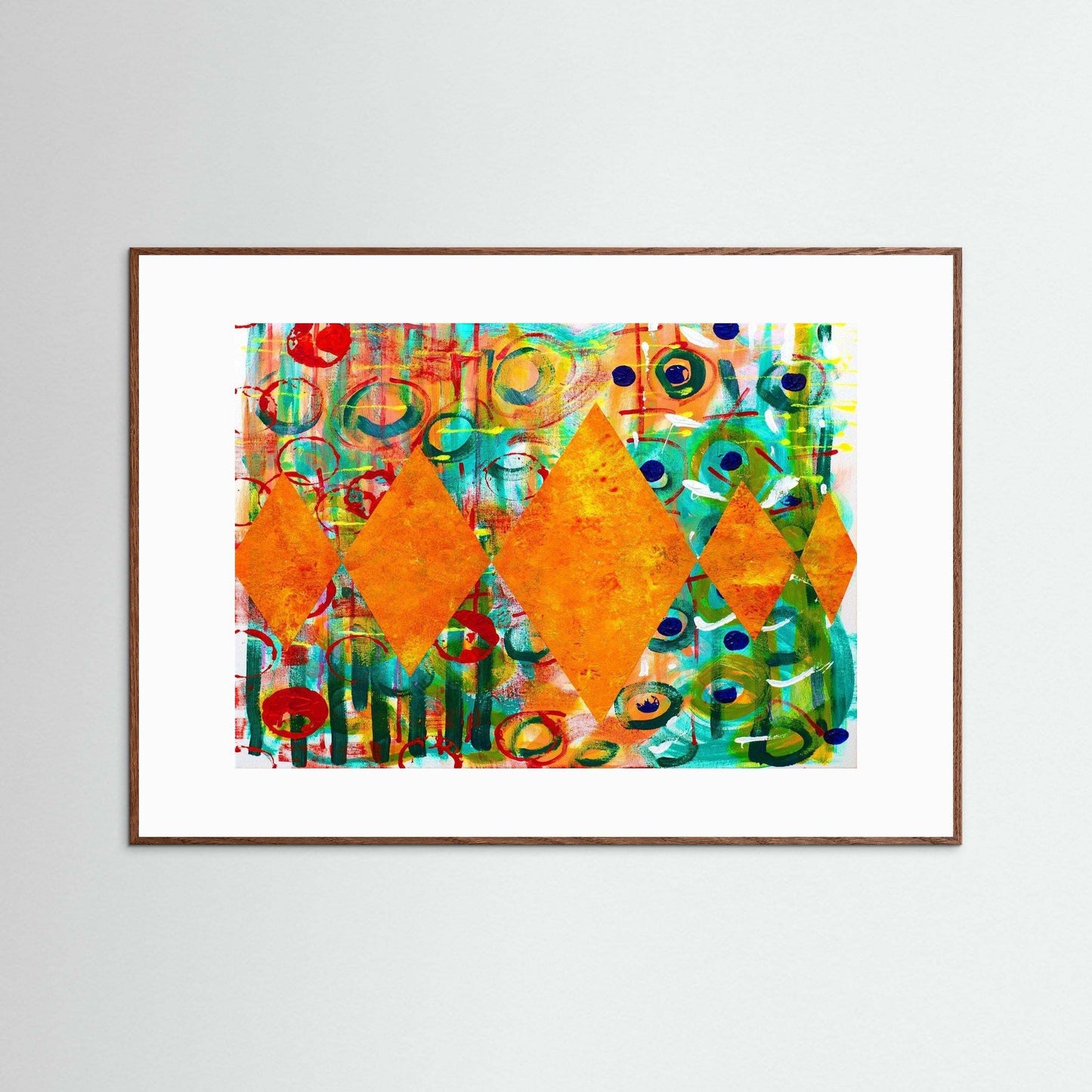 Diamond Radiance abstract artwork with golden yellow diamonds and colorful circles on textured matte paper in handmade Italian wooden frame