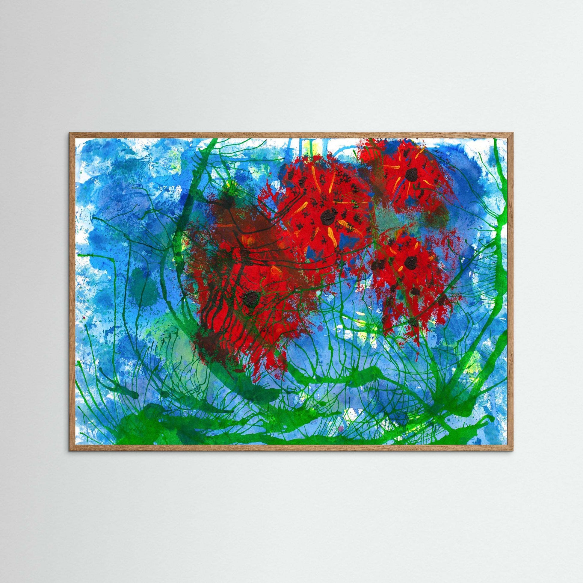 Dancing Poppies artwork featuring vibrant red poppies with green stems against a breezy blue sky, framed in handmade wooden Italian frame.