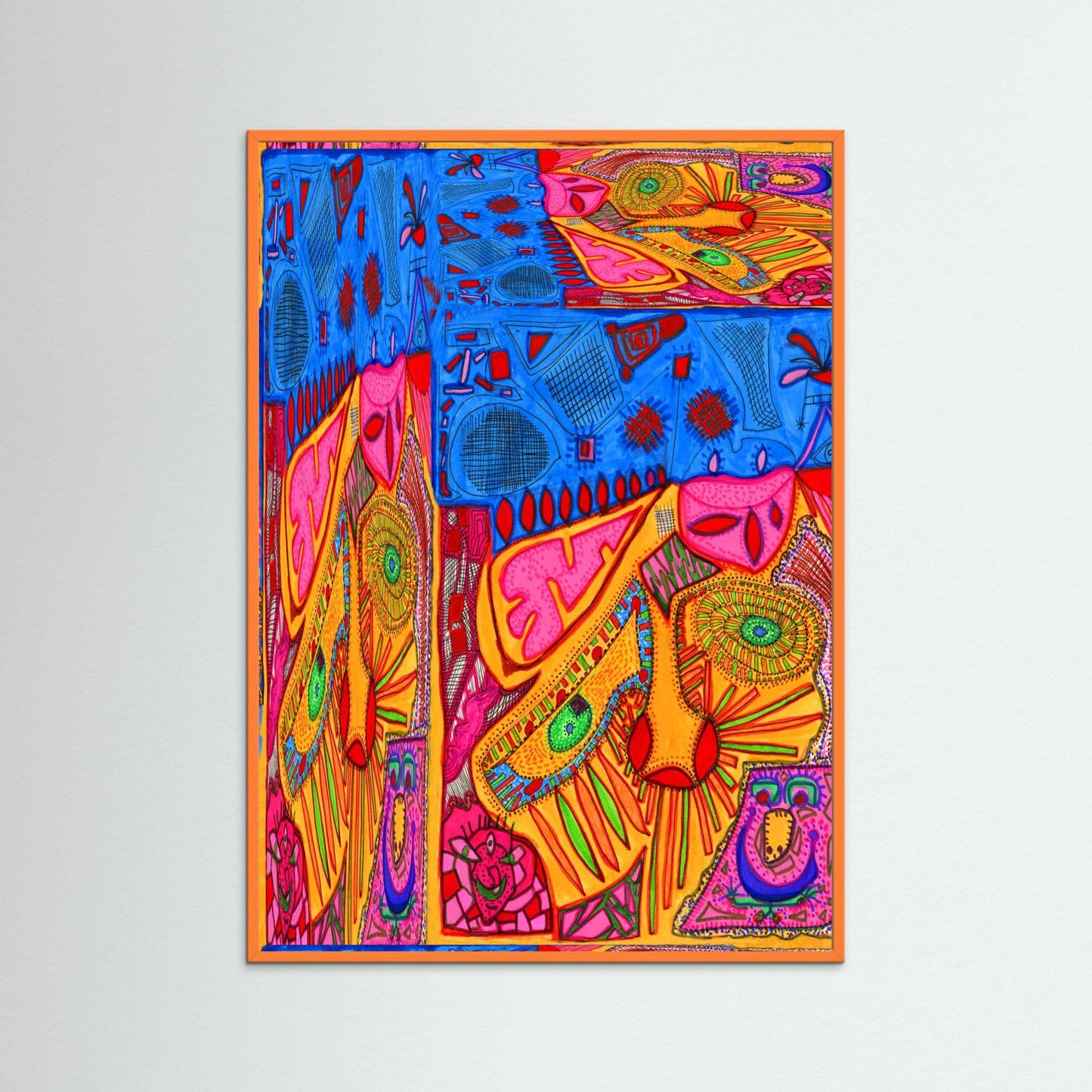 Colorful abstract art print titled Threads of My Imagination with vibrant blue, pink, orange, and green details in a handmade wooden Italian frame