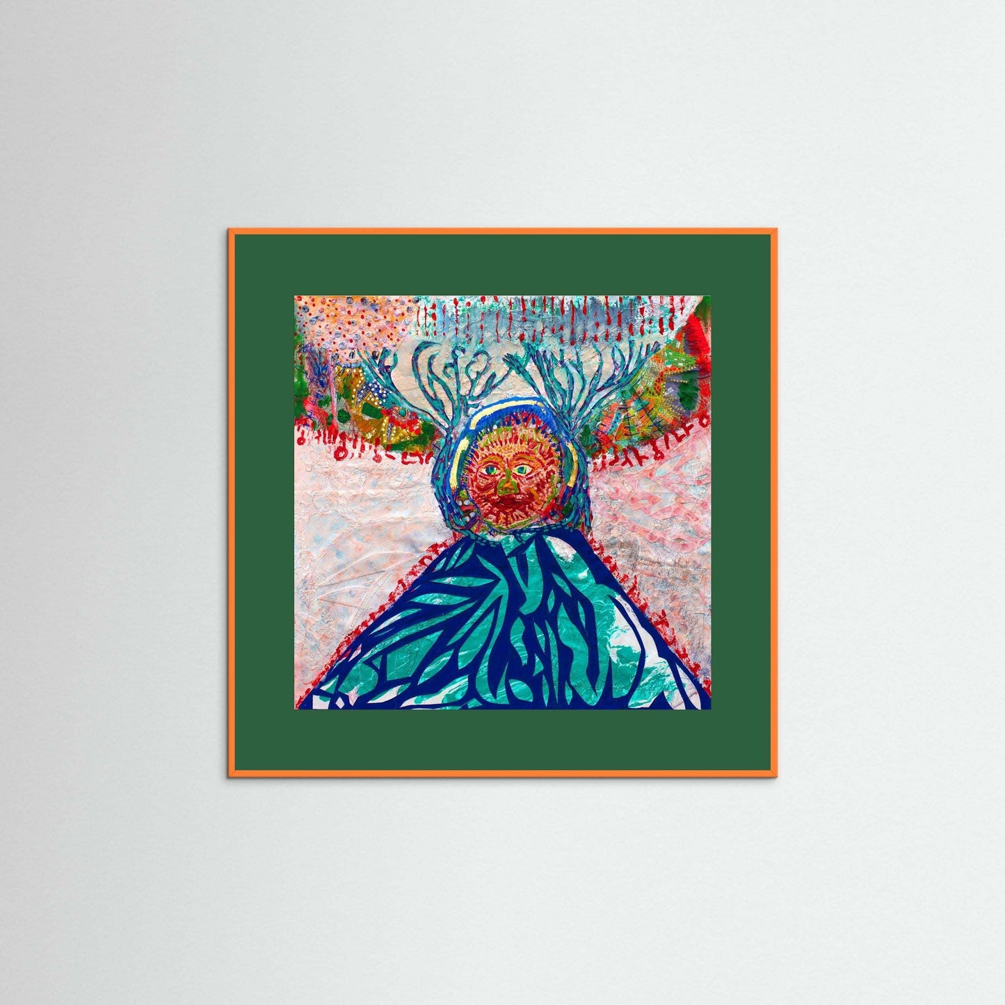 Cave Child: The Winter Hunt mixed media artwork with embroidery on handmade Japanese paper framed in wooden Italian frame