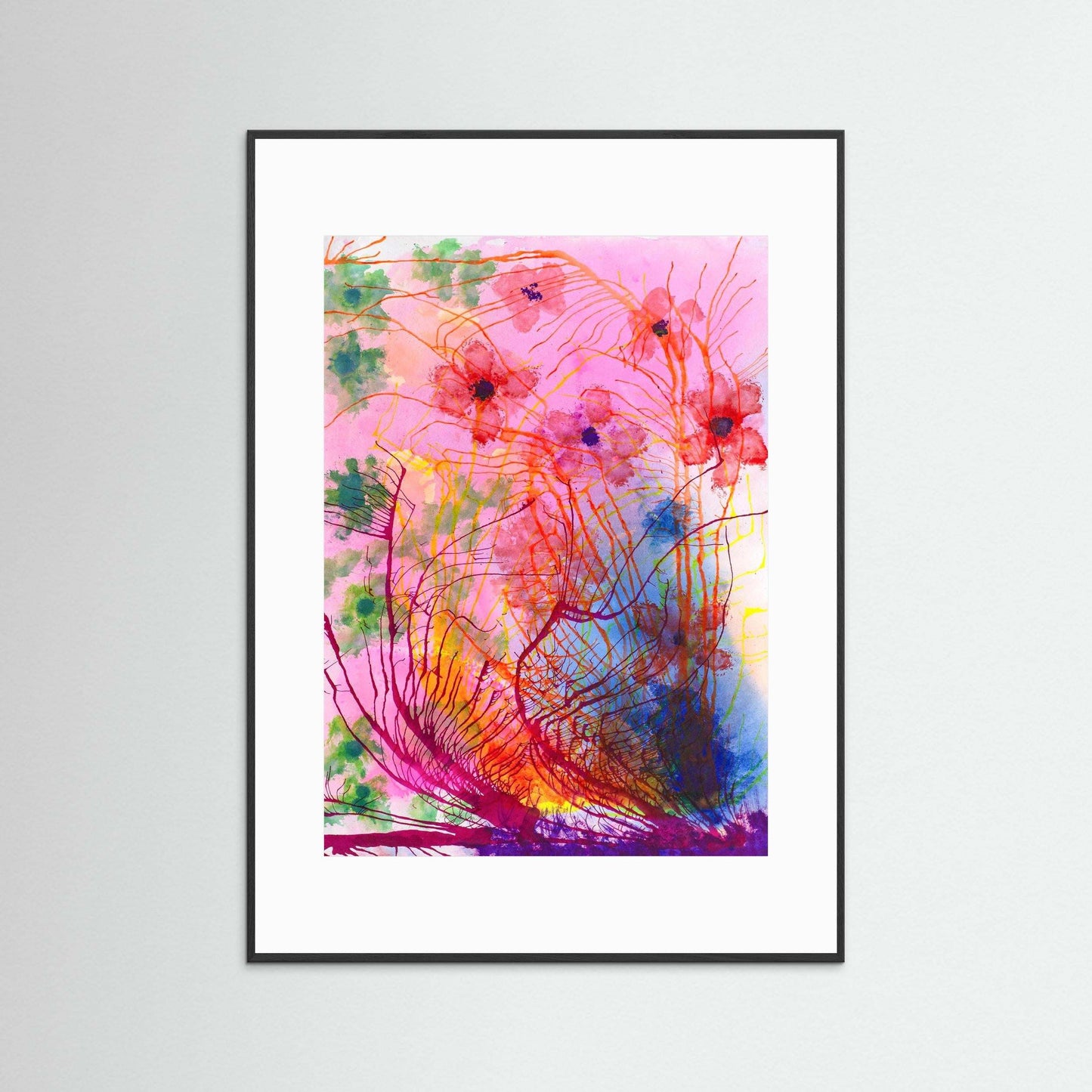 Flowering Garden vibrant spring floral artwork with bright colors in black Italian handmade wood frame