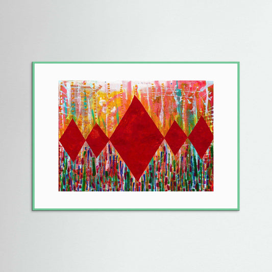 Diamond Radiance Red artwork with bold red diamonds and vibrant floral collage in handmade Italian frame