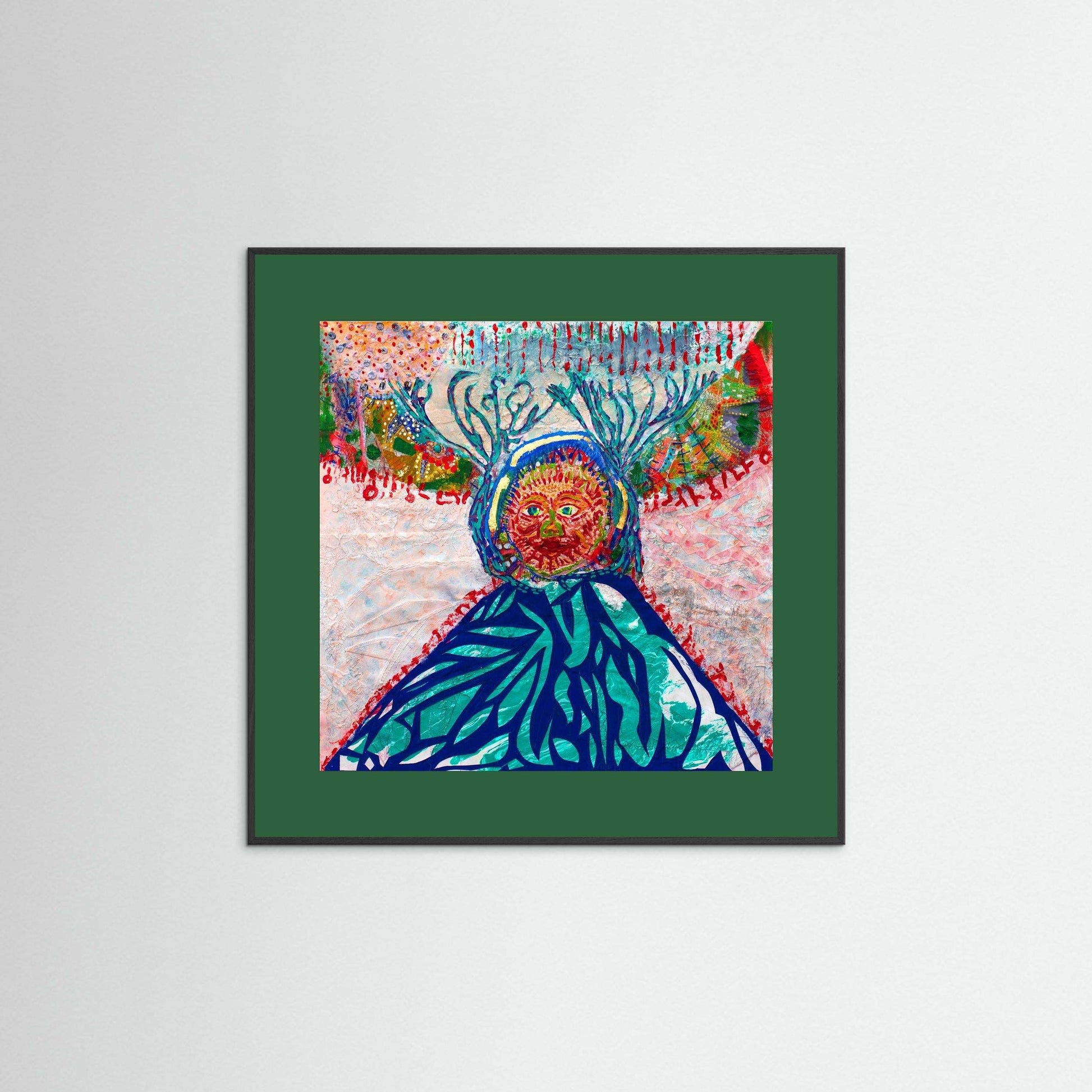 Cave Child: The Winter Hunt mixed media artwork with embroidery on Japanese paper framed in handmade Italian wooden frame