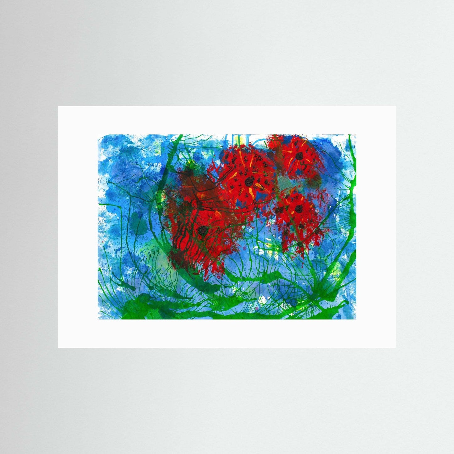 Dancing Poppies vibrant red flowers against blue sky on textured matte paper with wooden frame