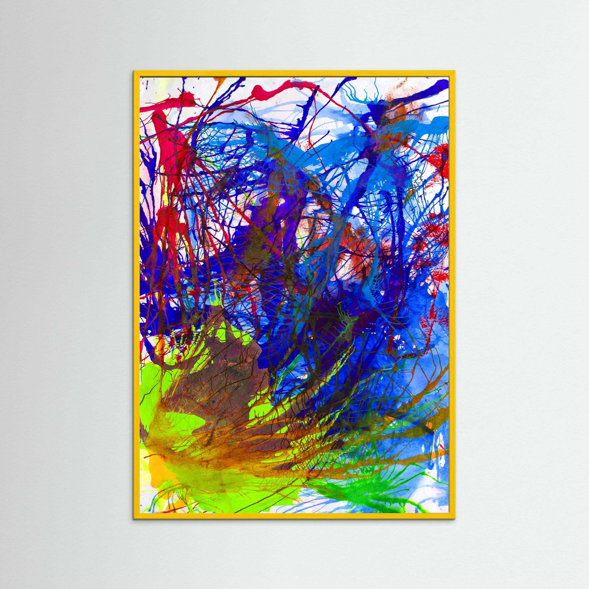Abstract vibrant nature-inspired painting "Down by The River" with flowing lines and colorful movement in a yellow handmade Italian wooden frame