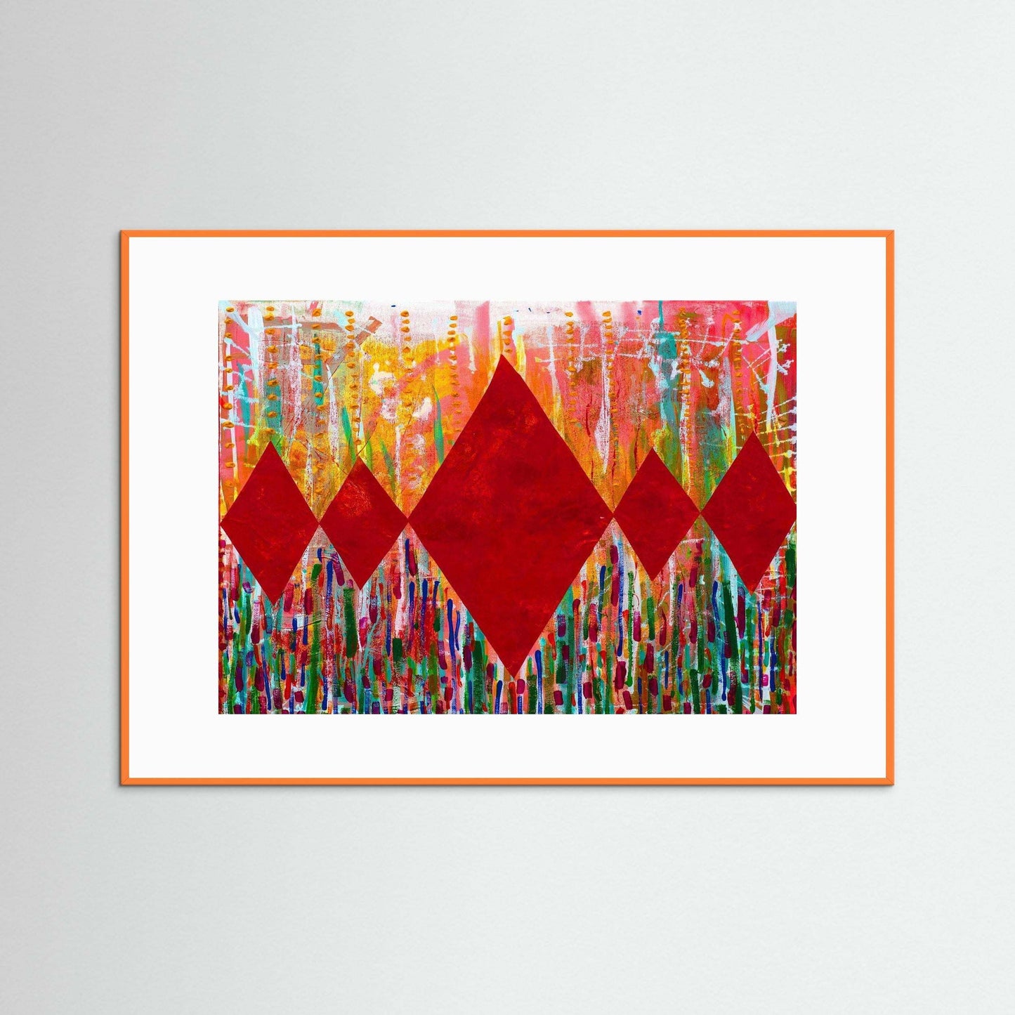 Diamond Radiance Red vibrant artwork with bold red diamonds and colorful floral background in Italian wooden frame