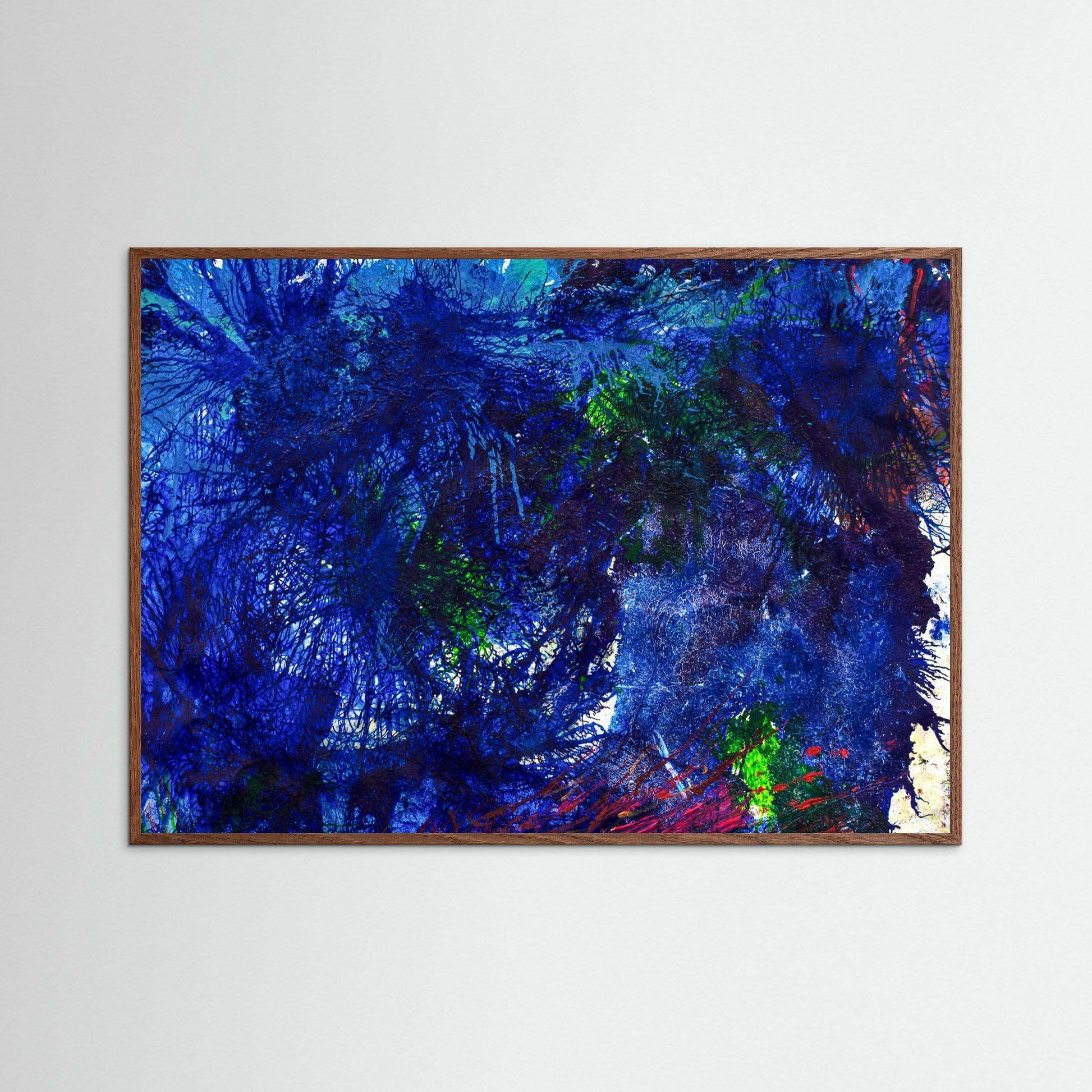 Whisper In The Deep abstract artwork with electric blue and red threads on textured matte paper in a real wood frame