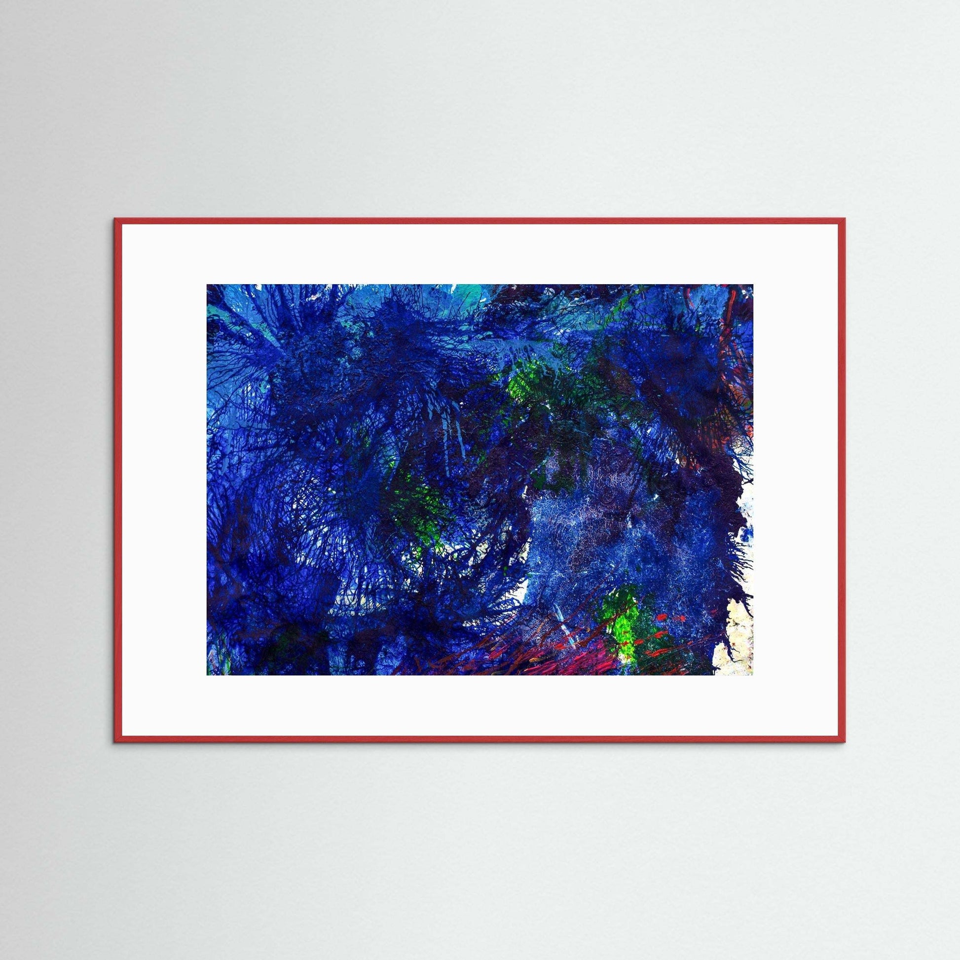 Whisper In The Deep abstract art with electric blue and red hues in a red Italian wood frame on textured matte paper