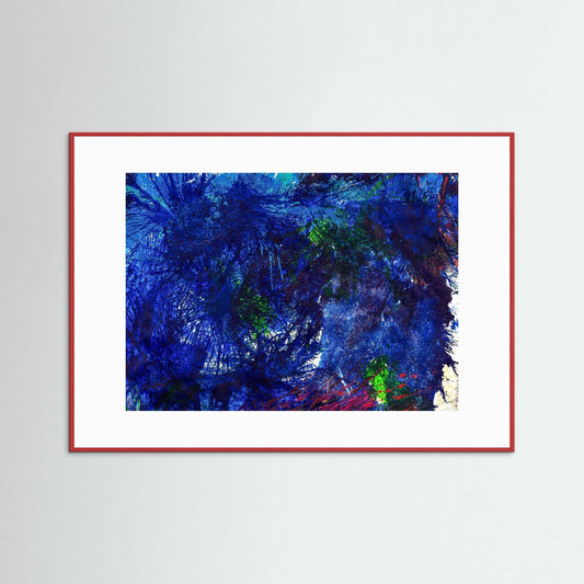 Whisper In The Deep abstract art with electric blue and red hues in a red Italian wood frame on textured matte paper