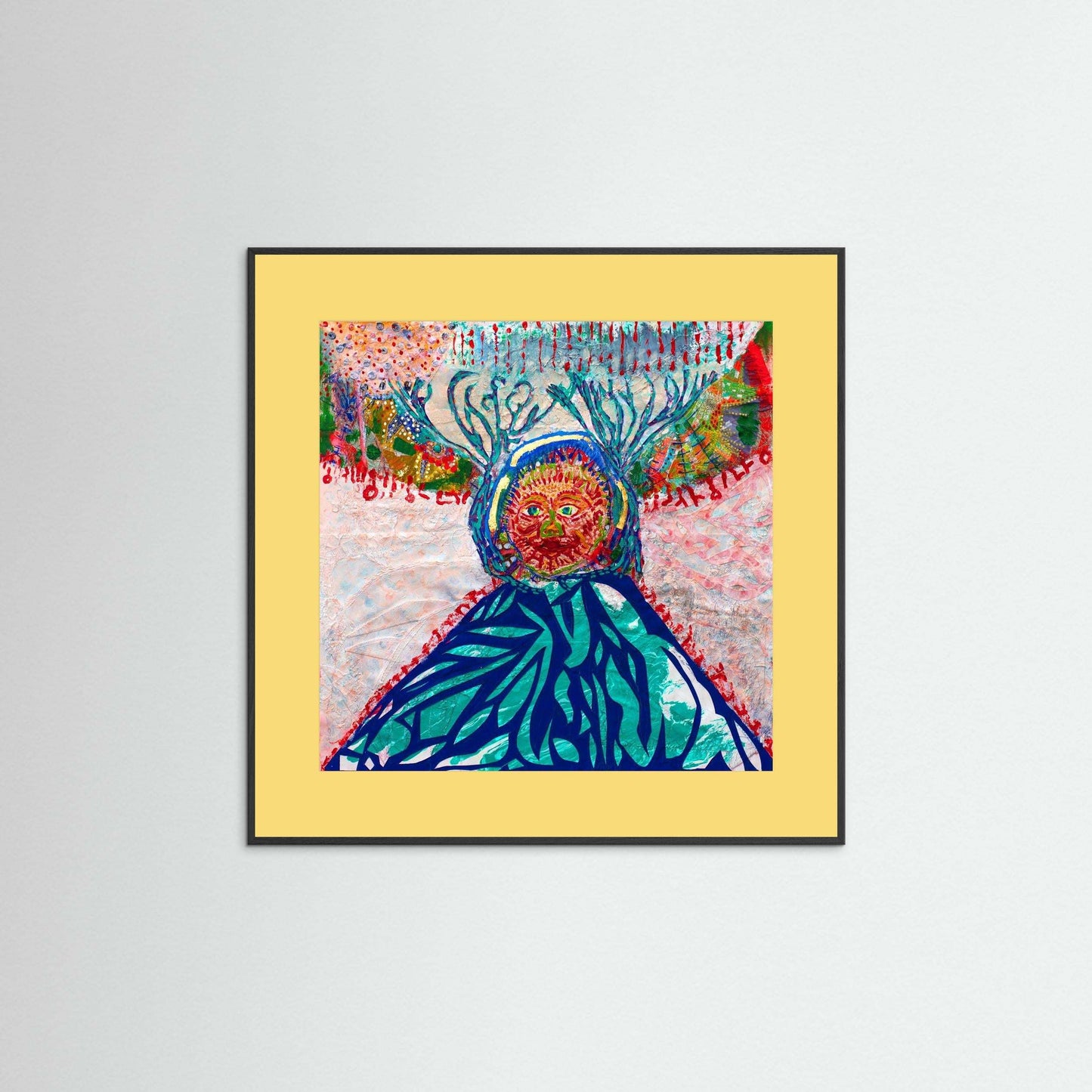 Cave Child: The Winter Hunt mixed media artwork with embroidery and Japanese paper in colorful framed square composition