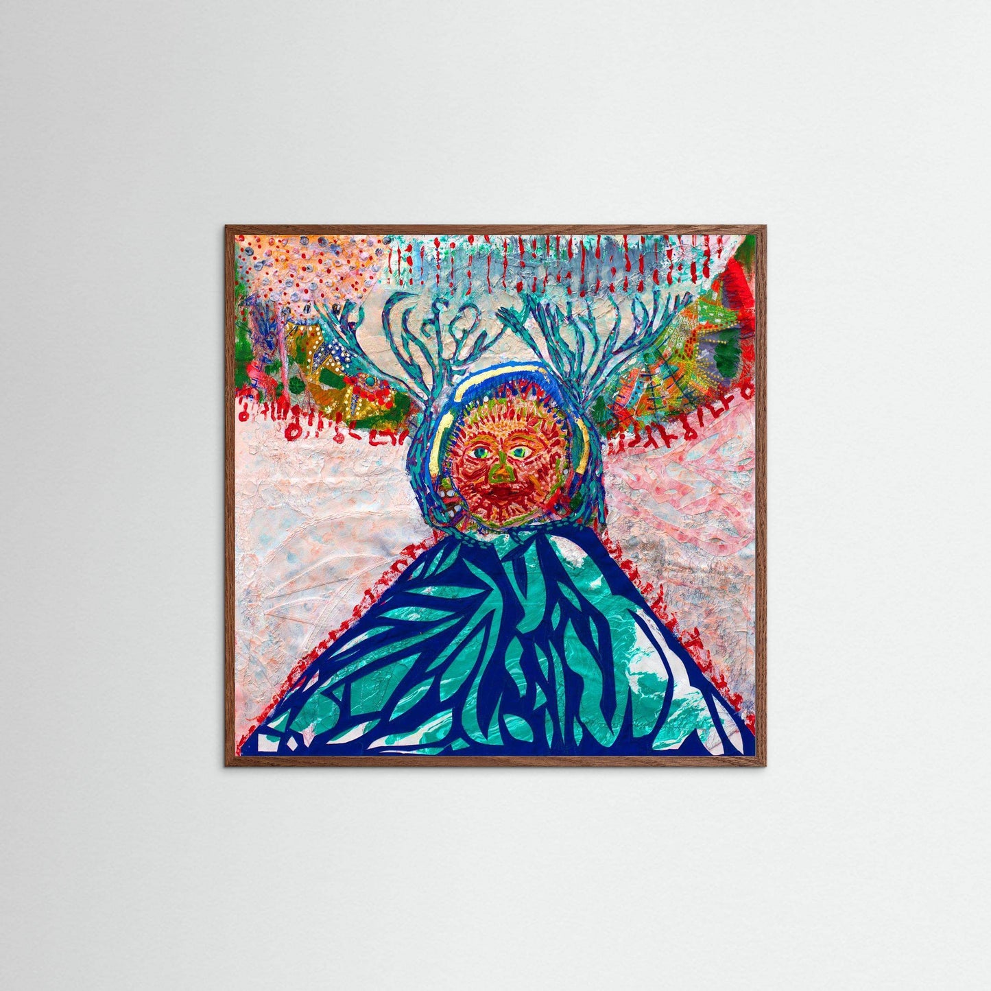 Cave Child The Winter Hunt mixed media artwork with embroidery and handmade Japanese paper in wooden Italian frame