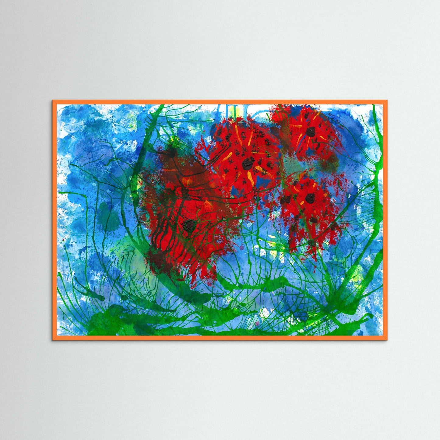 Dancing Poppies vibrant red poppies artwork with blue background in wooden Italian frame
