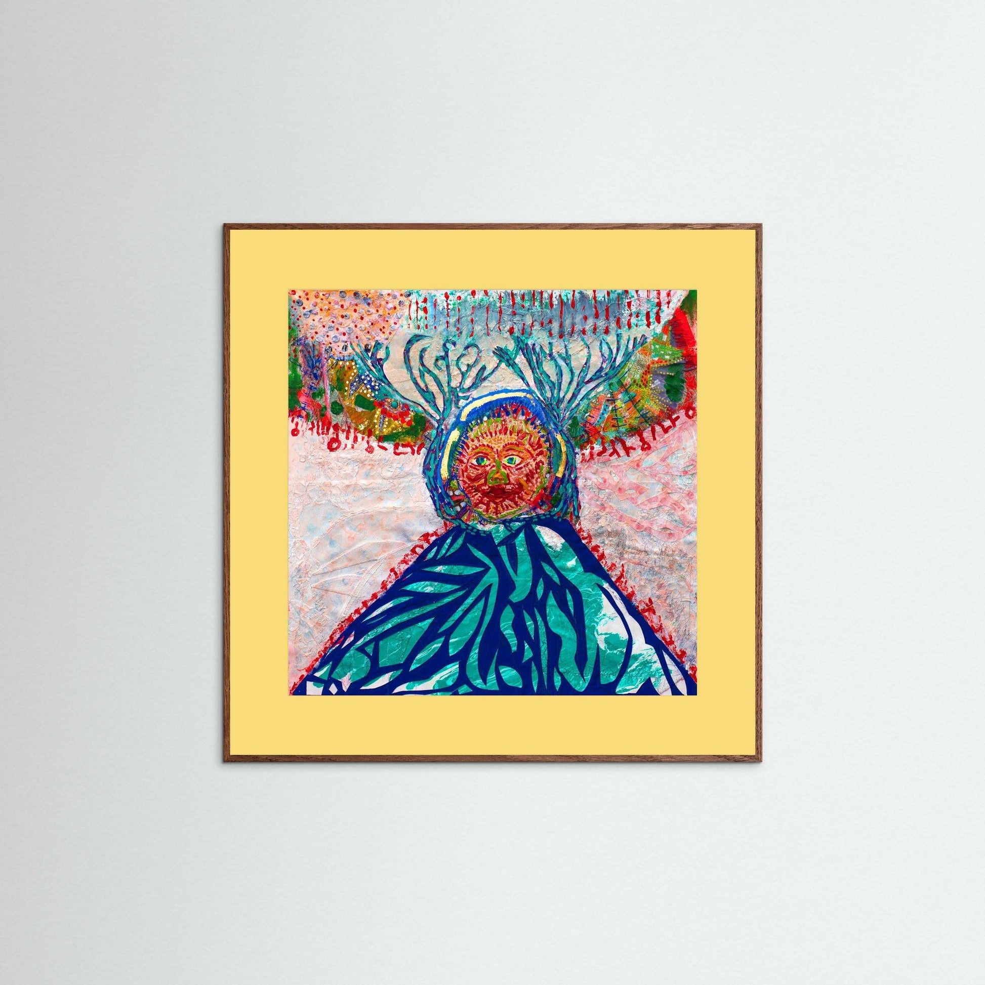 Cave Child: The Winter Hunt mixed media artwork with embroidery and Japanese paper in Italian wooden frame